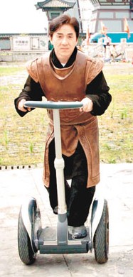 Jackie using his Segway on the set of 'The Myth'.